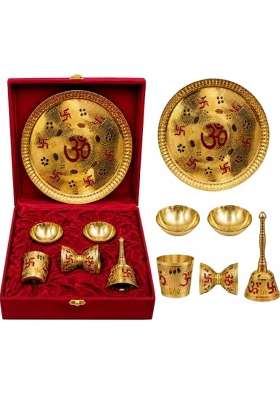 Saptambu Golden Divya Om Brass Pooja Thali Gift Set with Velvet Presentation Box