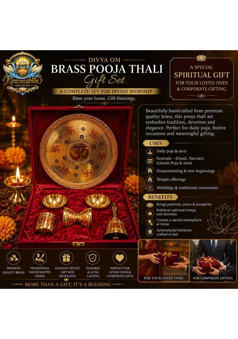 Saptambu Golden Divya Om Brass Pooja Thali Gift Set with Velvet Presentation Box - Indya