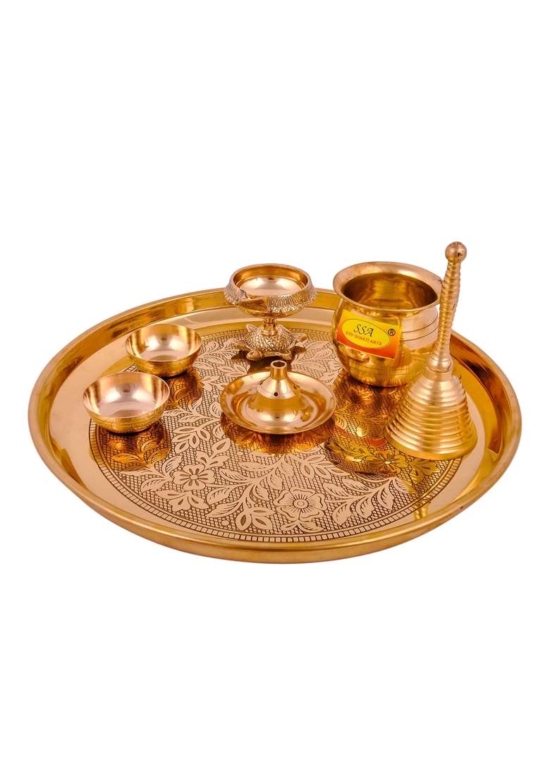 Shiv Shakti Arts Yellow Pure Brass Spacial Puja Thali Set 7 Items - Indya