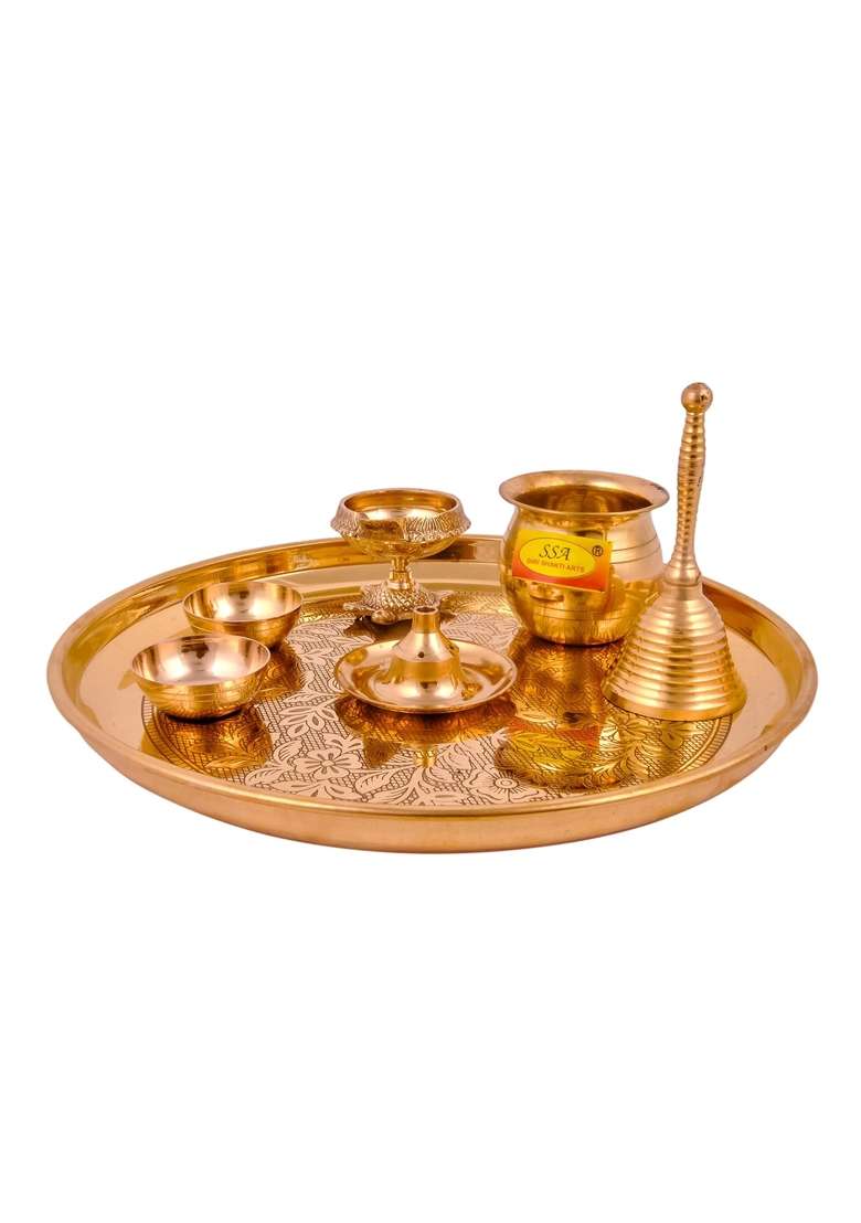 Shiv Shakti Arts Yellow Pure Brass Spacial Puja Thali Set 7 Items - Indya