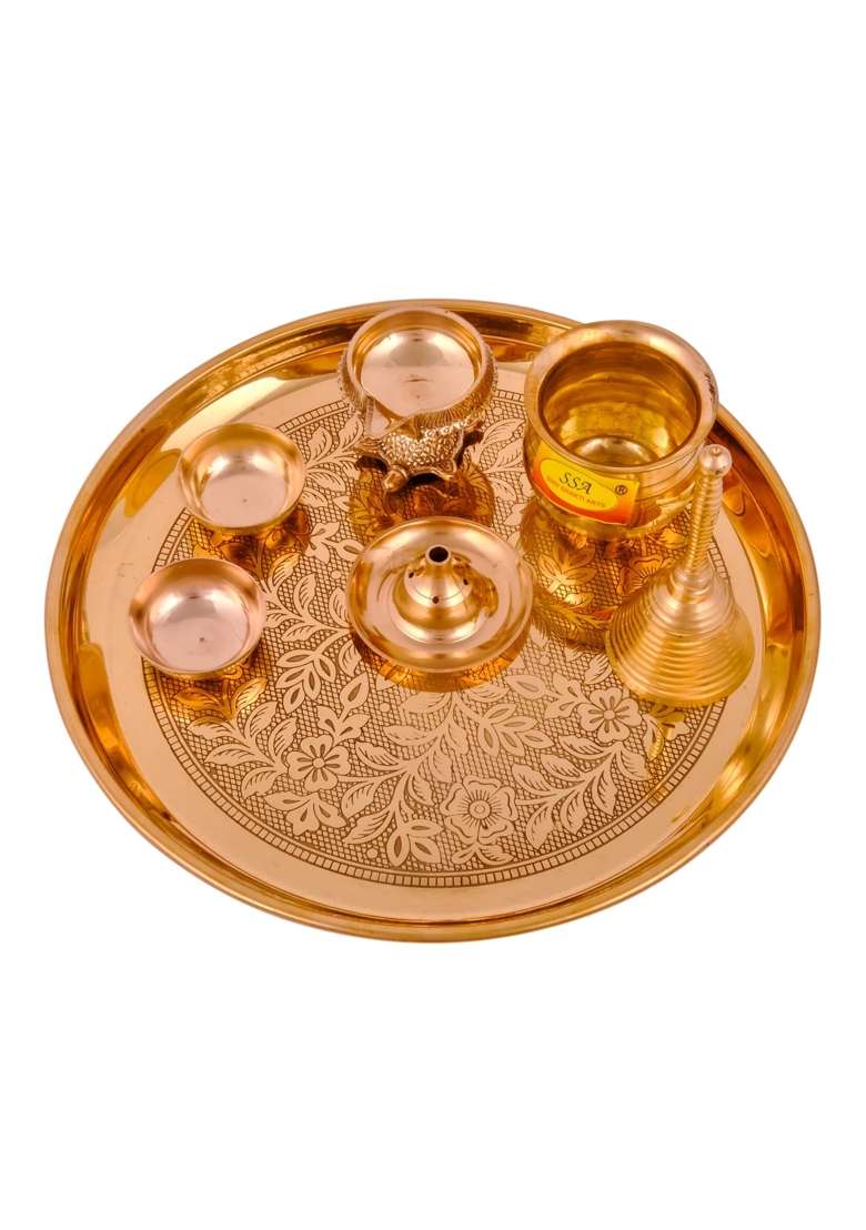 Shiv Shakti Arts Yellow Pure Brass Spacial Puja Thali Set 7 Items - Indya