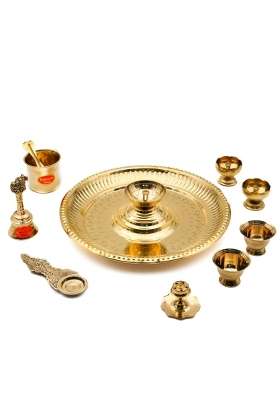 Bhimonee Decor Gold Handcrafted Brass Star Nakash Pooja Thali Set