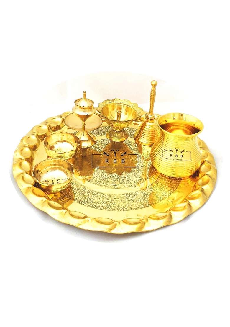 KBB Yellow Brass Fancy Pooja Thali Set for 2020 Pooja Heavy Quality Pooja Special 2021 - Indya