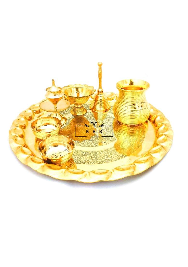KBB Yellow Brass Fancy Pooja Thali Set for 2020 Pooja Heavy Quality Pooja Special 2021 - Indya