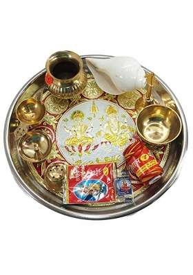 IFH Dacor Indian Fashion Hut Handmade Steel and Brass Pooja Thali Set Aarti Plate with Natural Conch 11 Pcs