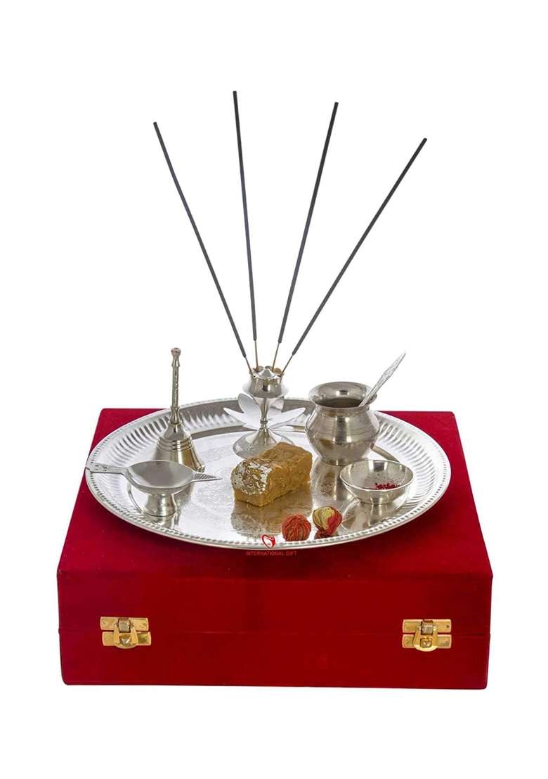 Rkonect Silver Brass Puja Pooja Thali Aarti Bartan Plate Special Occasions Diwali Pack of 1 - Indya