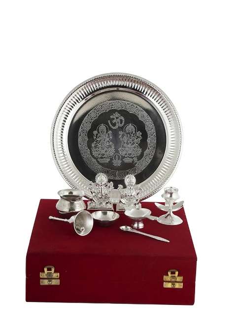 Rkonect Silver Brass Puja Pooja Thali Aarti Bartan Plate Special Occasions Diwali Pack of 1