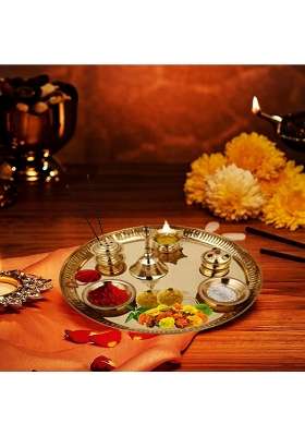Hashcart Gold Brass Pooja Thali Set Dia 8 Point 85 in Puja Thali Aarti Thali for Home Mandir Temple