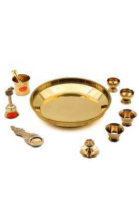 Bhimonee Decor Gold Handcrafted Plain Brass Pooja Thali Set