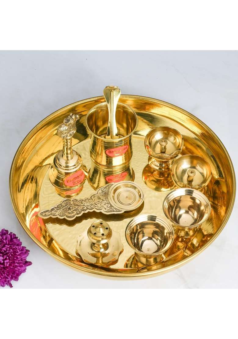 Bhimonee Decor Gold Handcrafted Plain Brass Pooja Thali Set - Indya