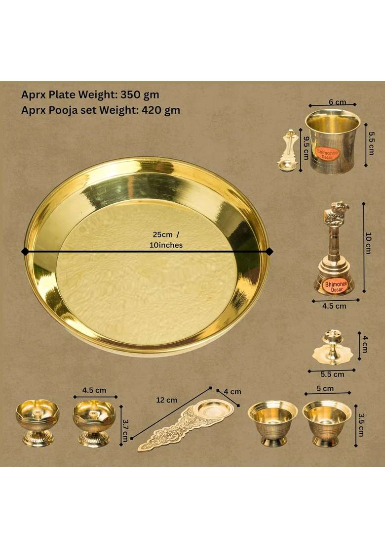 Bhimonee Decor Gold Handcrafted Plain Brass Pooja Thali Set - Indya