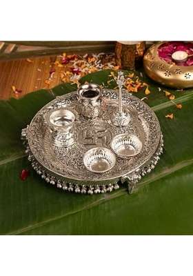 MLS Handicrafts German Silver Pooja Aarti Thali with Full Ghungroo Layer Home Temple Mandir Set of 6