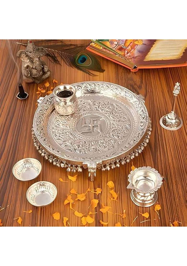 MLS Handicrafts German Silver Pooja Aarti Thali with Full Ghungroo Layer Home Temple Mandir Set of 6 - Indya