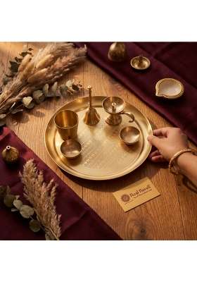 Nayi Naveli Brass Pooja Thali Set 6 Piece Engraved Plate Set with Diya Bell Bowls Kalash Glass