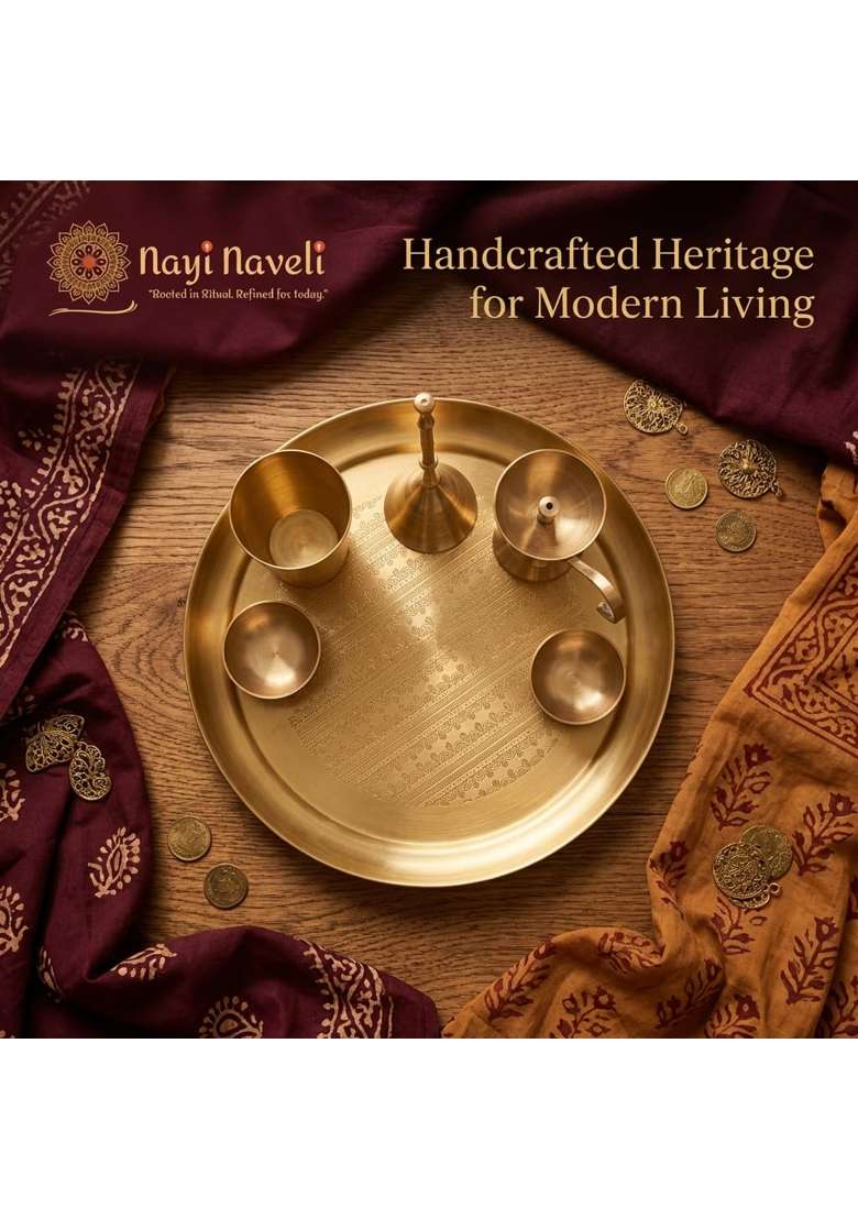 Nayi Naveli Brass Pooja Thali Set 6 Piece Engraved Plate Set with Diya Bell Bowls Kalash Glass - Indya