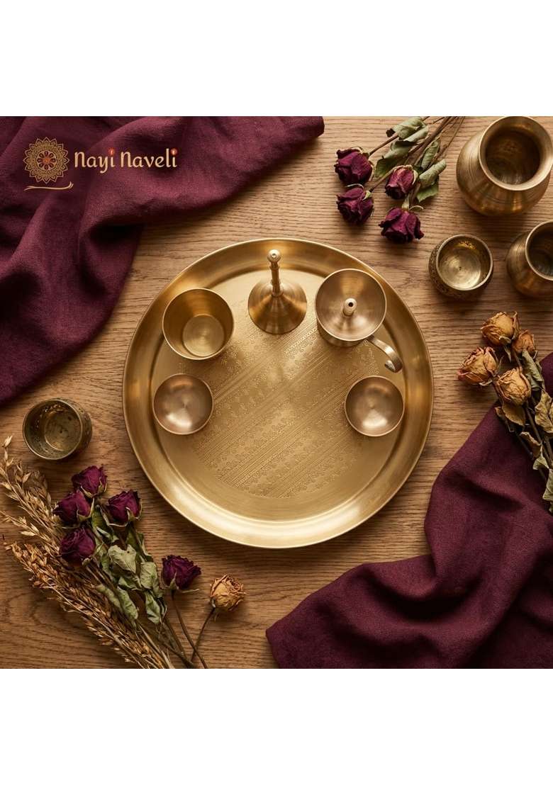 Nayi Naveli Brass Pooja Thali Set 6 Piece Engraved Plate Set with Diya Bell Bowls Kalash Glass - Indya