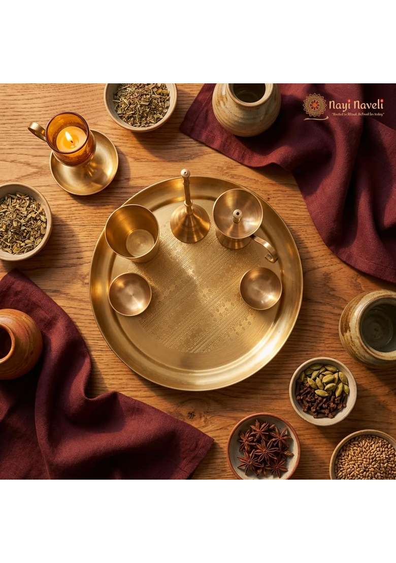 Nayi Naveli Brass Pooja Thali Set 6 Piece Engraved Plate Set with Diya Bell Bowls Kalash Glass - Indya