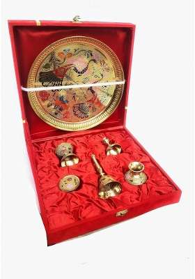 Blissful Decor Gold Presents Peacock Design Brass Pooja Thali Set for Thakur Ji Set of 6