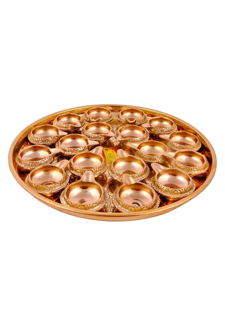 Shiv Shakti Arts Yellow Pure Brass Spacial Puja Thali Set 21 Items Kuber Diya Thali - Indya