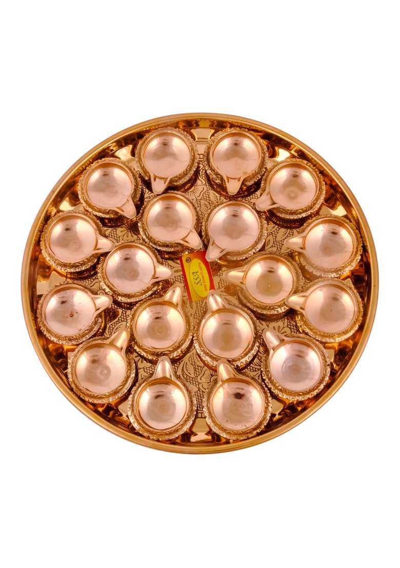 Shiv Shakti Arts Yellow Pure Brass Spacial Puja Thali Set 21 Items Kuber Diya Thali - Indya