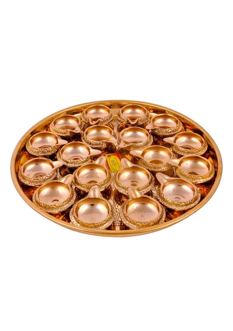 Shiv Shakti Arts Yellow Pure Brass Spacial Puja Thali Set 21 Items Kuber Diya Thali - Indya