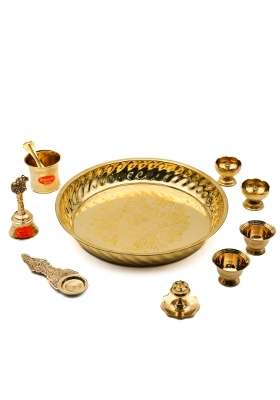 Bhimonee Decor Gold Emboss Leher Brass Pooja Thali Set