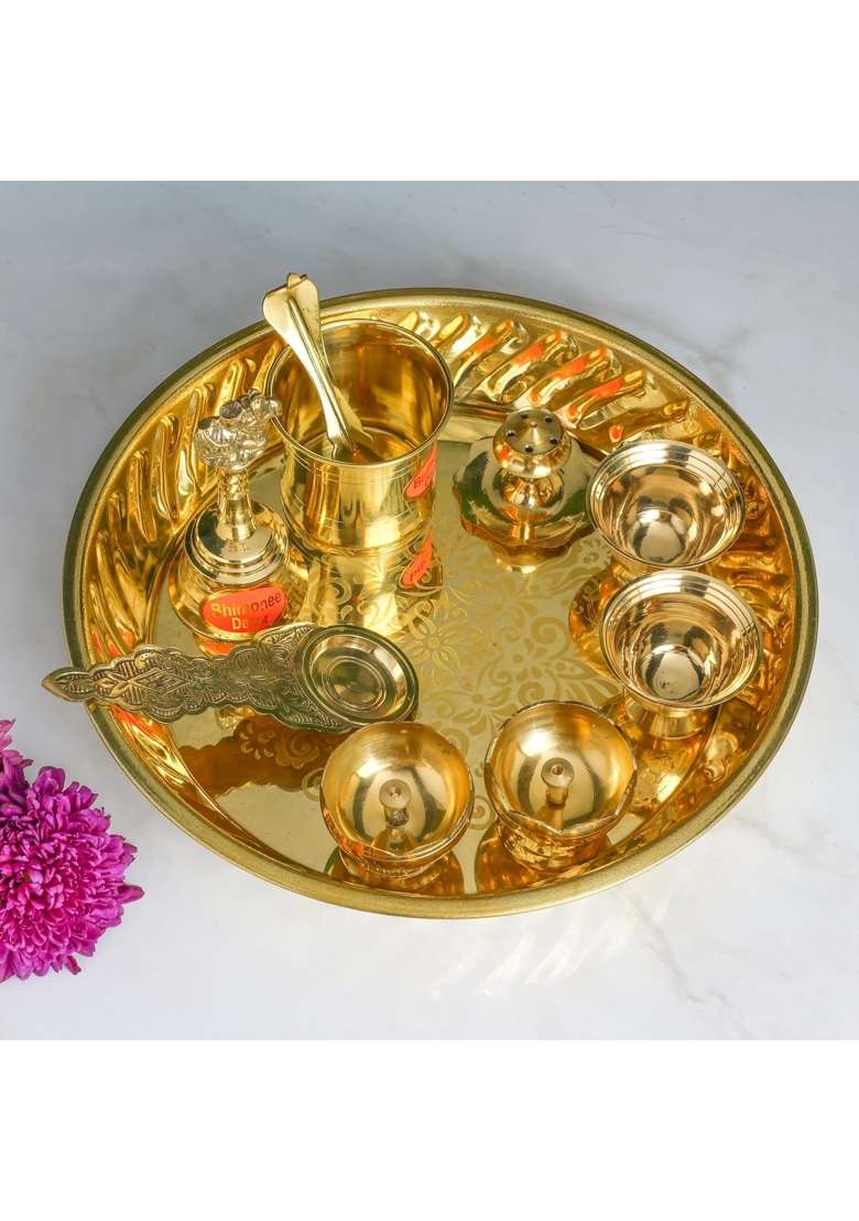 Bhimonee Decor Gold Emboss Leher Brass Pooja Thali Set - Indya