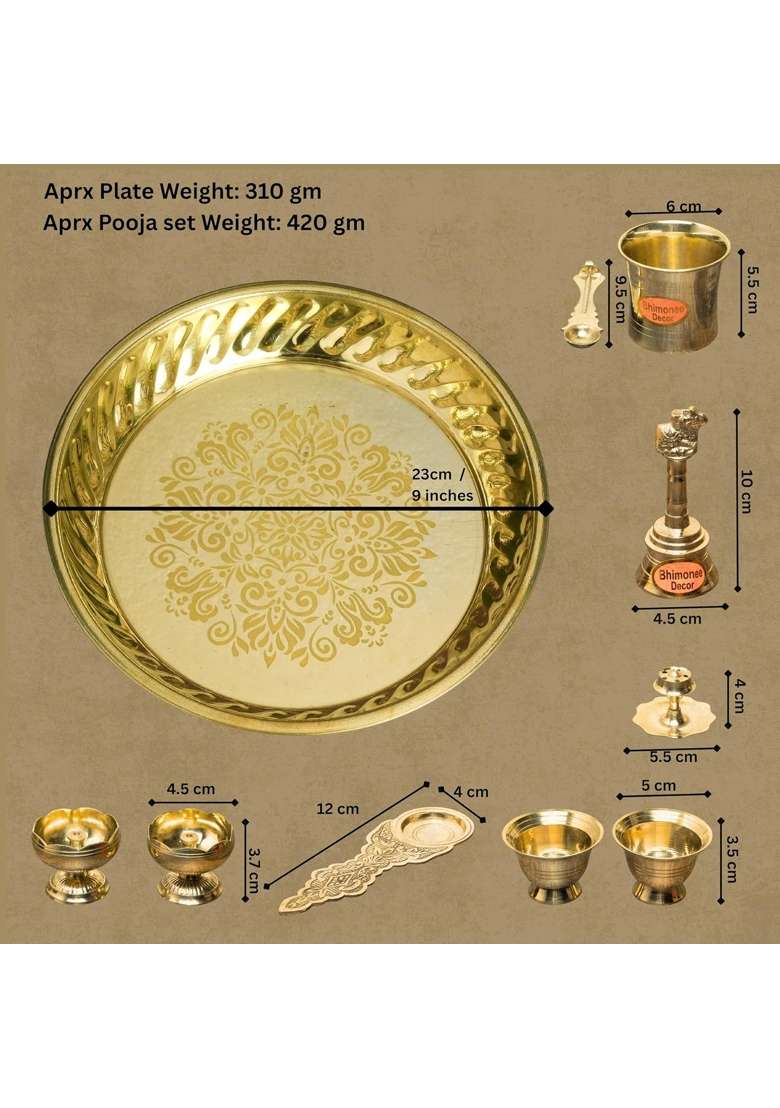 Bhimonee Decor Gold Emboss Leher Brass Pooja Thali Set - Indya