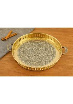 Mkd2 Rise Handmade Gold Finish Decorative 12 Inch Brass Embossed Serving Tray and Pooja Thali Plate for Home