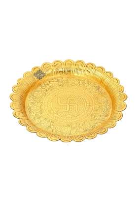 Indian ART Villa Pure Brass Pooja Decorative Thali Plate with Sathiya Floral Embossed Petal Edge Design