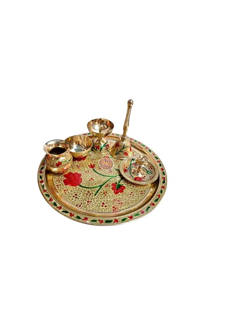 ART of Sihor Multicolour Pooja Thali Set Pooja Plate Set 6 Pcs Puja Thali Complete Set for Daily Set of 6 - Indya