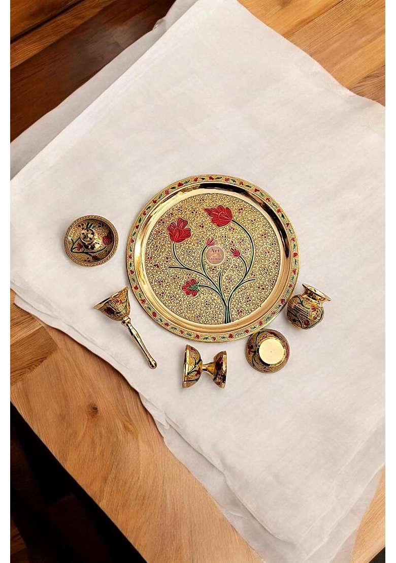 ART of Sihor Multicolour Pooja Thali Set Pooja Plate Set 6 Pcs Puja Thali Complete Set for Daily Set of 6 - Indya