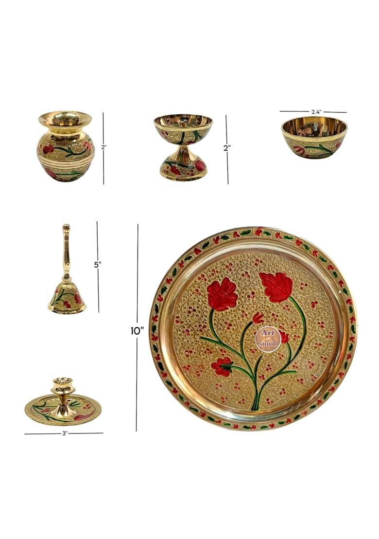 ART of Sihor Multicolour Pooja Thali Set Pooja Plate Set 6 Pcs Puja Thali Complete Set for Daily Set of 6 - Indya