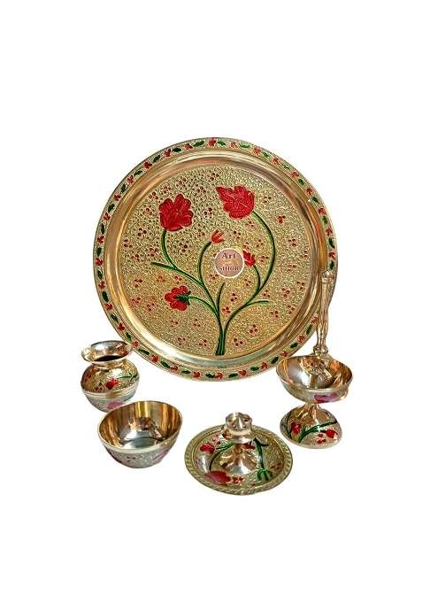 ART of Sihor Multicolour Pooja Thali Set Pooja Plate Set 6 Pcs Puja Thali Complete Set for Daily Set of 6