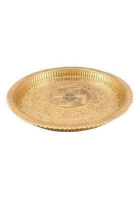 Indian ART Villa Pure Brass Pooja Decorative Thali Plate with Sathiya Floral Embossed Lining Edge Design