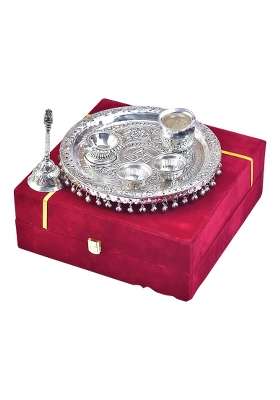 MLS Handicrafts Premium German Silver Pooja Thali Set with Luxury Velvet Box Pack of 6