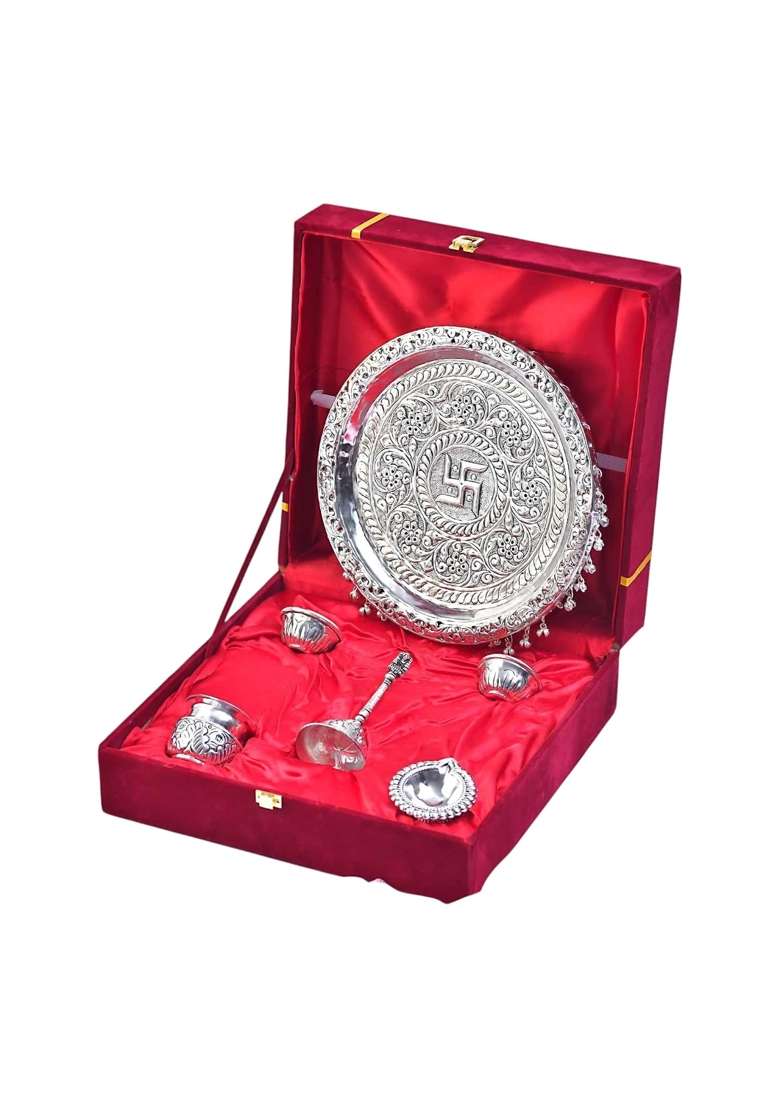 MLS Handicrafts Premium German Silver Pooja Thali Set with Luxury Velvet Box Pack of 6 - Indya