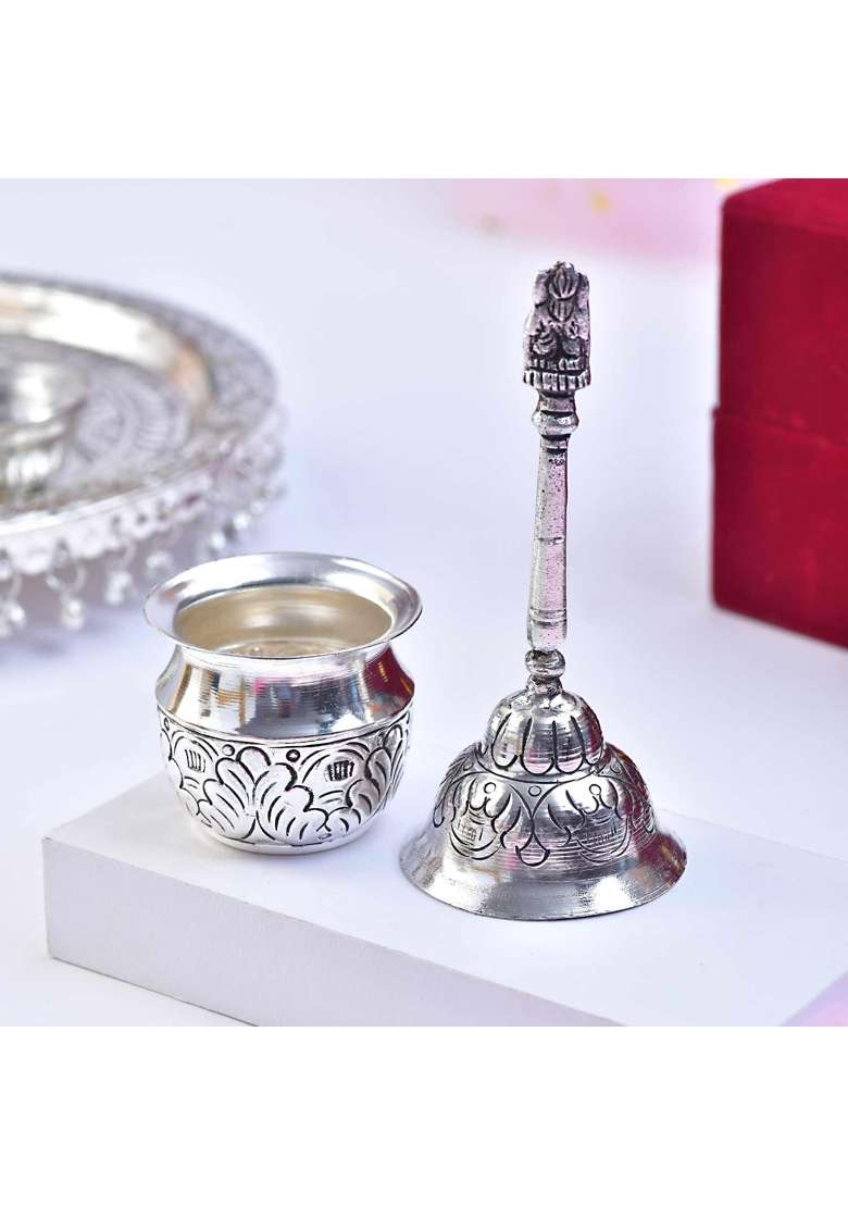 MLS Handicrafts Premium German Silver Pooja Thali Set with Luxury Velvet Box Pack of 6 - Indya