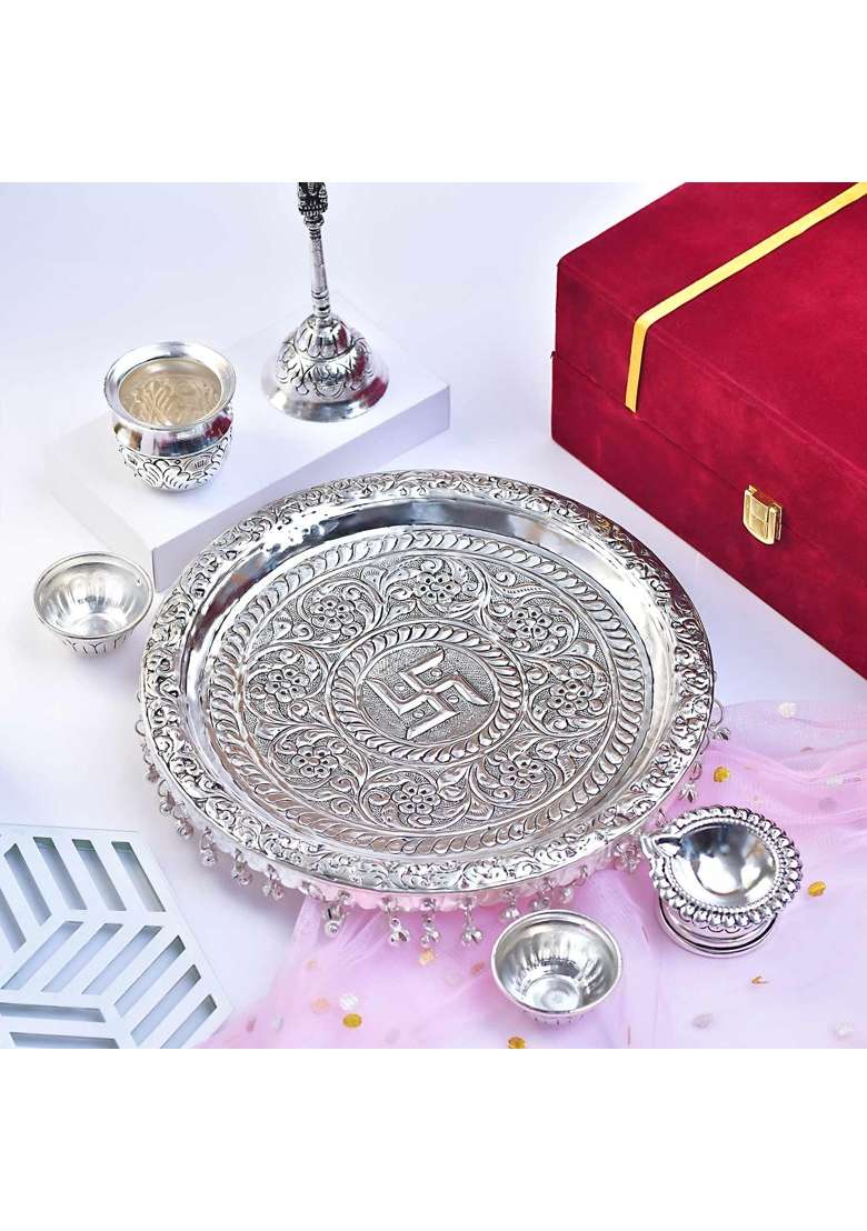 MLS Handicrafts Premium German Silver Pooja Thali Set with Luxury Velvet Box Pack of 6 - Indya
