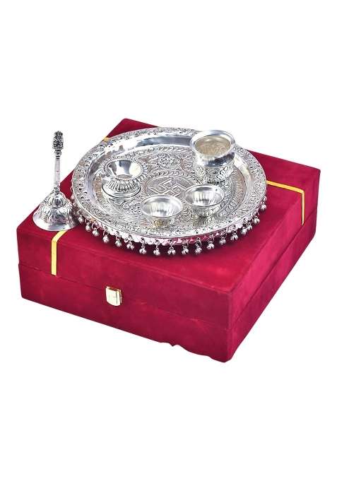 MLS Handicrafts Premium German Silver Pooja Thali Set with Luxury Velvet Box Pack of 6