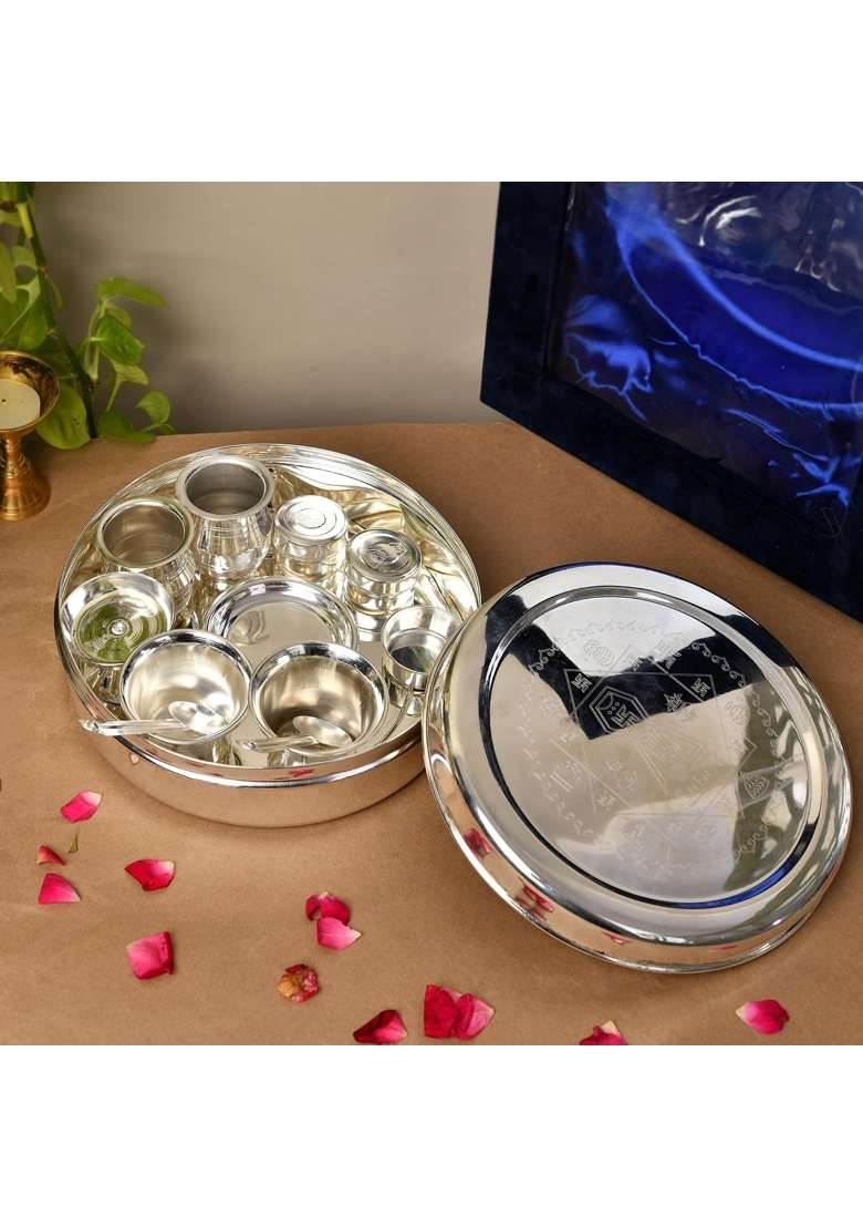 Jaipur Ace Premium Silver Plated Pooja Thali Set in Velvet Box - Indya