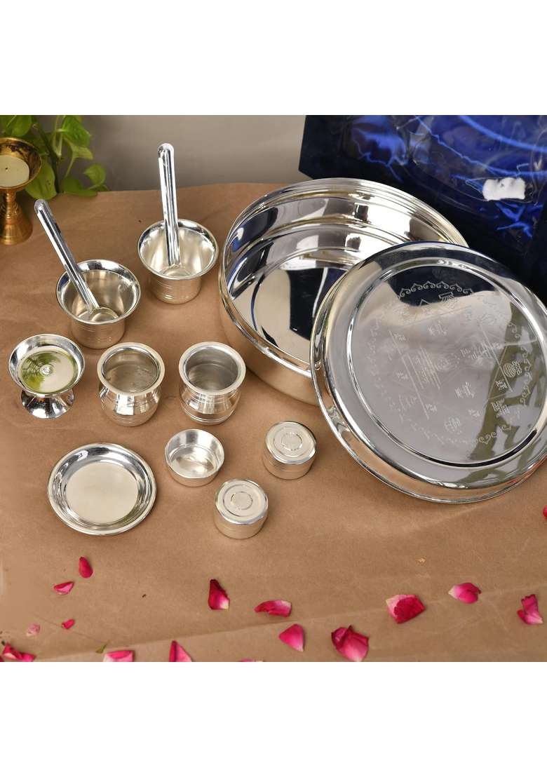 Jaipur Ace Premium Silver Plated Pooja Thali Set in Velvet Box - Indya