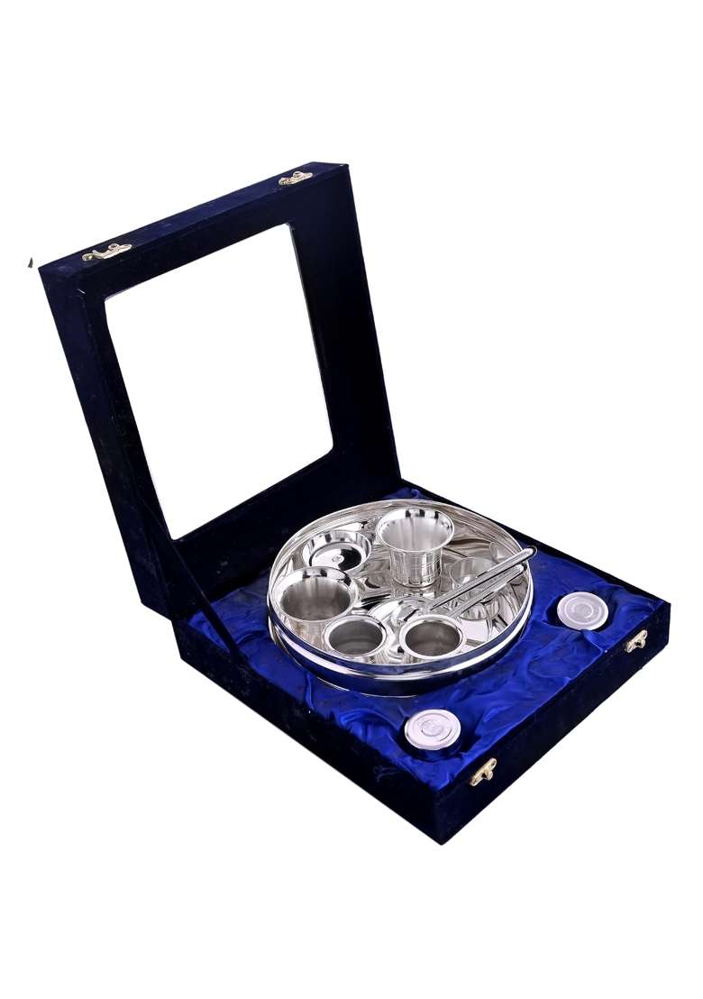 Jaipur Ace Premium Silver Plated Pooja Thali Set in Velvet Box - Indya