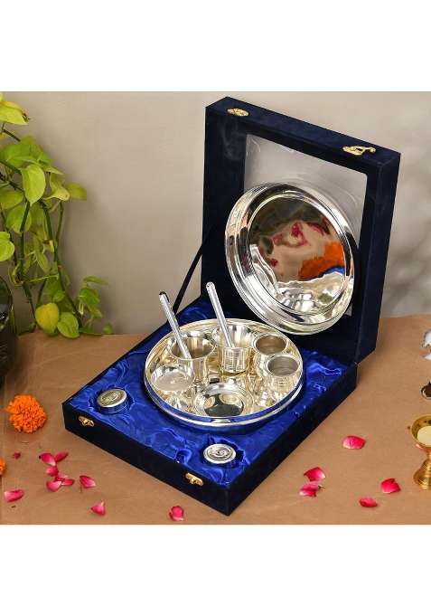 Jaipur Ace Premium Silver Plated Pooja Thali Set in Velvet Box