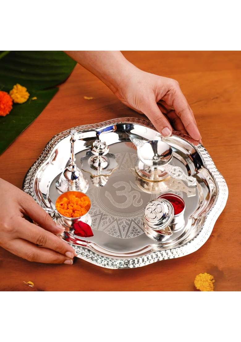 Nestasia Pooja Thali with Ghanti Diya Holder Agarbatti Stand Kumkum Box and Prasad Bowl Set of 6 - Indya