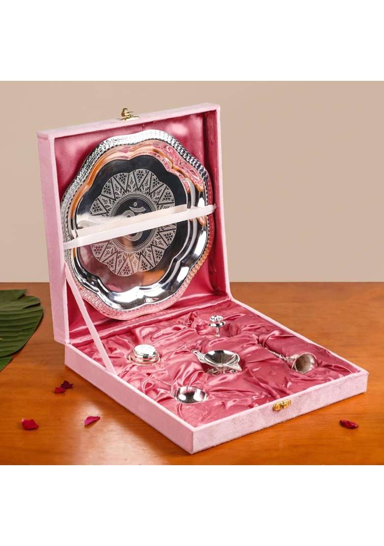 Nestasia Pooja Thali with Ghanti Diya Holder Agarbatti Stand Kumkum Box and Prasad Bowl Set of 6 - Indya