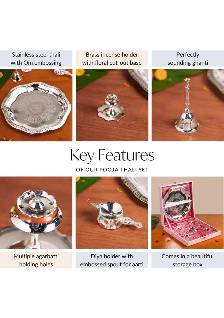 Nestasia Pooja Thali with Ghanti Diya Holder Agarbatti Stand Kumkum Box and Prasad Bowl Set of 6 - Indya
