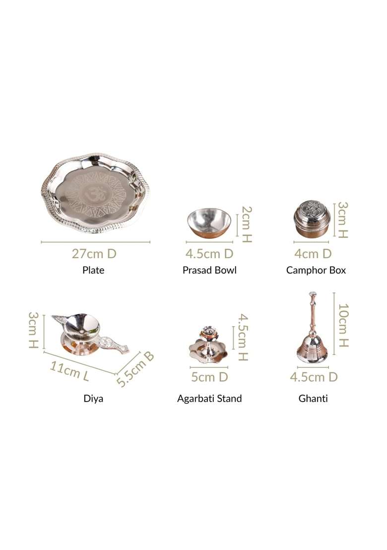 Nestasia Pooja Thali with Ghanti Diya Holder Agarbatti Stand Kumkum Box and Prasad Bowl Set of 6 - Indya