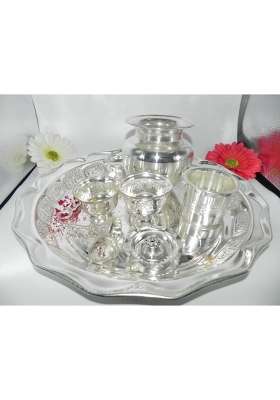 Pure German Silver Pooja Thali Set Silver Plated with 12 and Half Inch Plate Bowl Agarbatti Stand Palli Kalash
