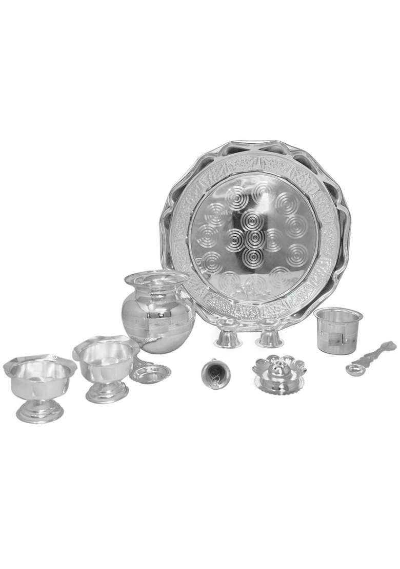 Pure German Silver Pooja Thali Set Silver Plated with 12 and Half Inch Plate Bowl Agarbatti Stand Palli Kalash - Indya